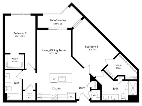 Floor plan for 2 beds, 2 baths, 1107 sqft